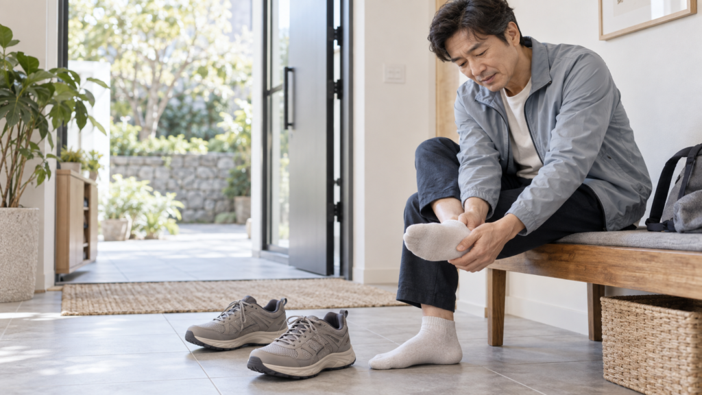 오래 걸은 뒤 현관 벤치에 앉아 발바닥 상태를 확인하는 중년 남성과 바닥에 놓인 쿠션형 워킹화